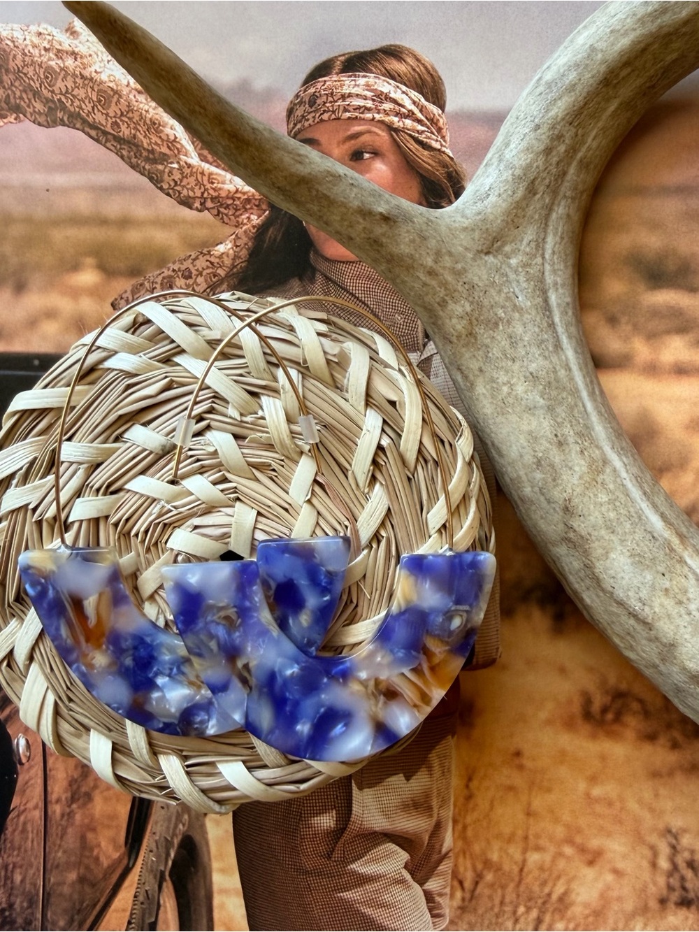 Blue Marbled Resin Hoop Earrings with Gold-Tone Wire Accent - Statement